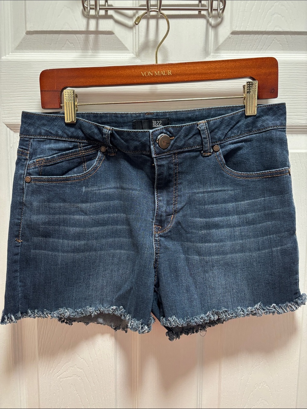 1822 Denim Dark Blue Frayed Hem Jean Shorts
